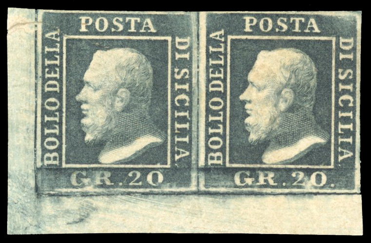 Italian States Sicily 1859 20g slate-grey corner marginal pair 