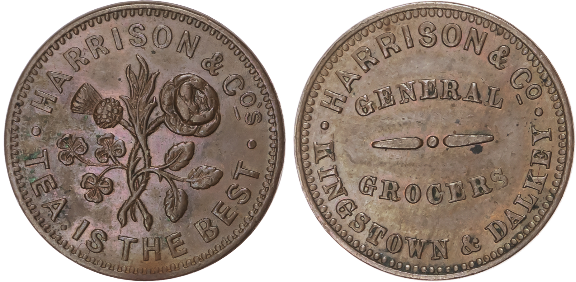 Kingstown, Harrison & Co. Successors to J Bewley (grocer), farthing (1854), thistle, rose and shamrock/three-l…