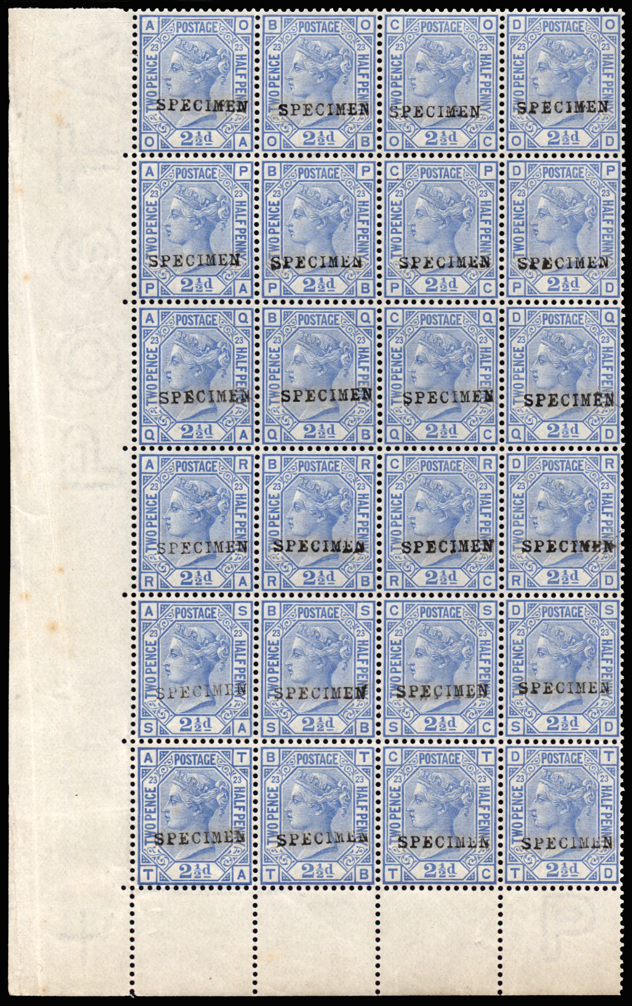 Great Britain 1881 2½d Blue Pl.23. Very fine and fresh unmounted o.g. corner marginal block of twenty-four lettere…