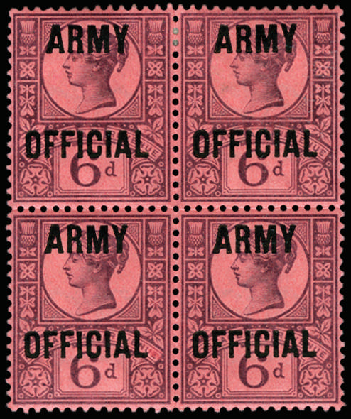 Great Britain 1901 6d Purple/rose red (Army Official). Very fine unused o.g. block of four. Lovely colour.…
