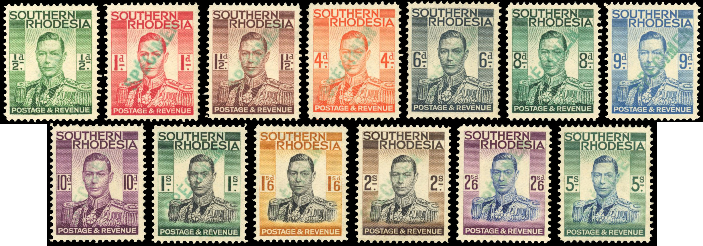 Southern Rhodesia SG 40-52 1937 set handstamped SPÉCIMEN in green