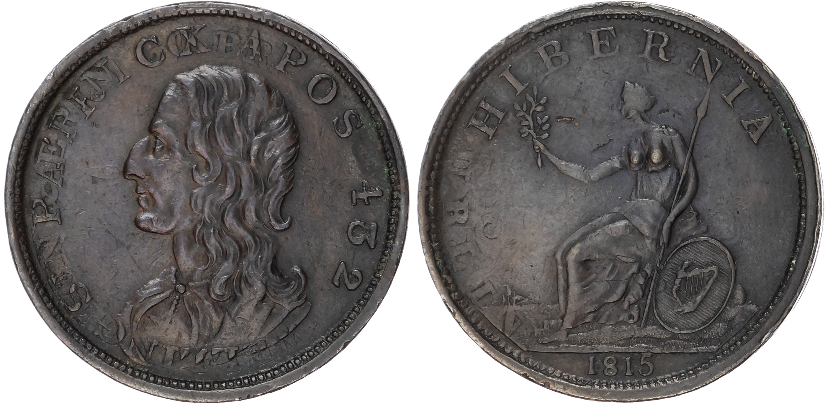IRISH, NON LOCAL General Circulation Penny 1815, Draped and long-haired bust left – St. Patrick? rev. Hibernia…