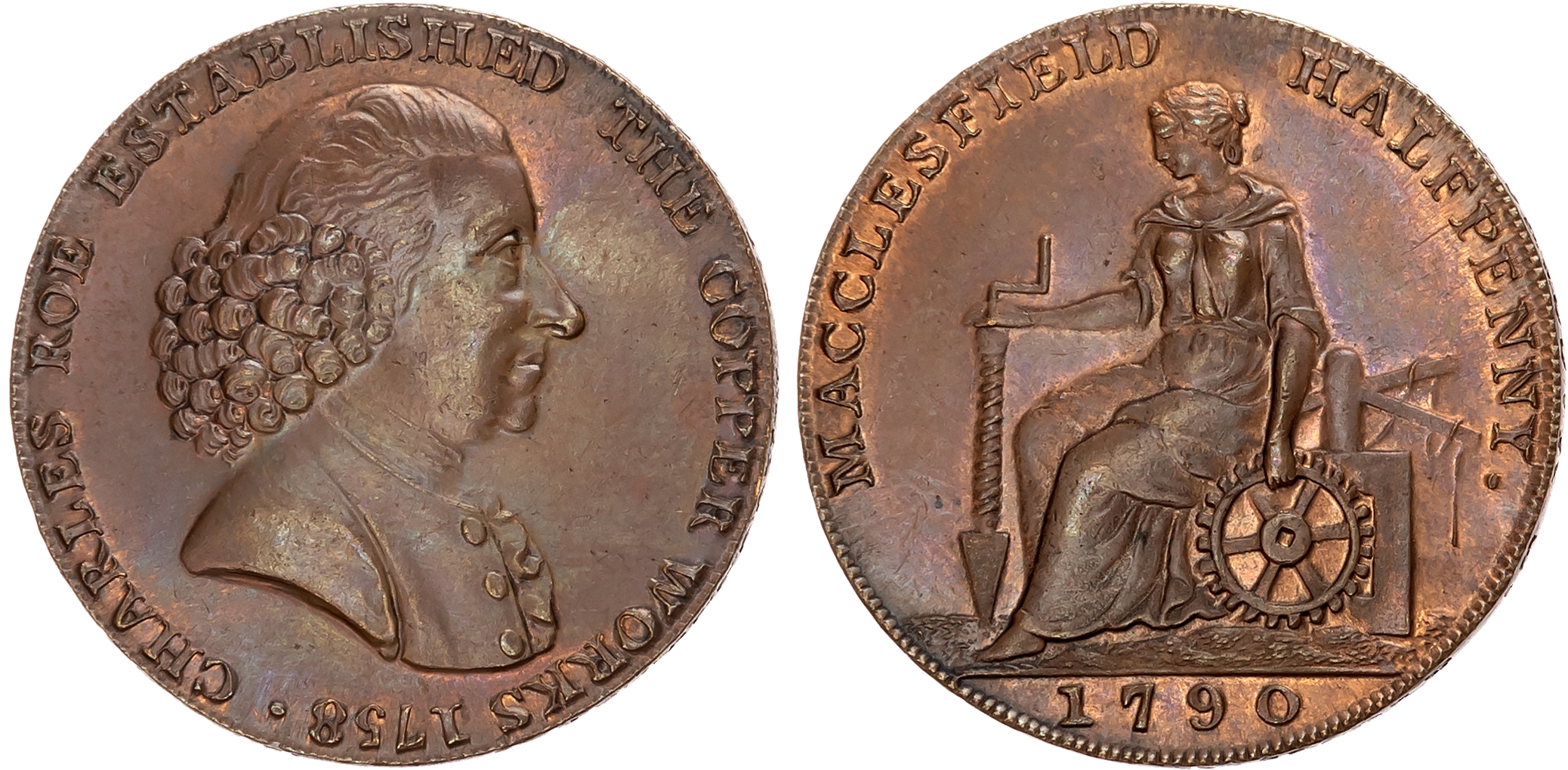 Ches. Macclesfield , Roe & Co. Halfpenny 1790 (engraved by Hancock, manufactured prob. by Westwood). Draped bust of Cha …