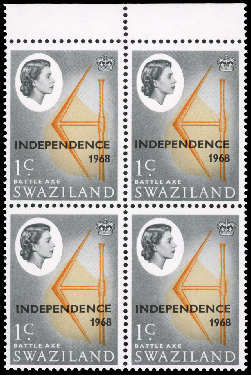 SWAZILAND: 1968 1c Battle Axe, top marginal block of 4, watermark inverted, fine unmounted o.g. SG 143w