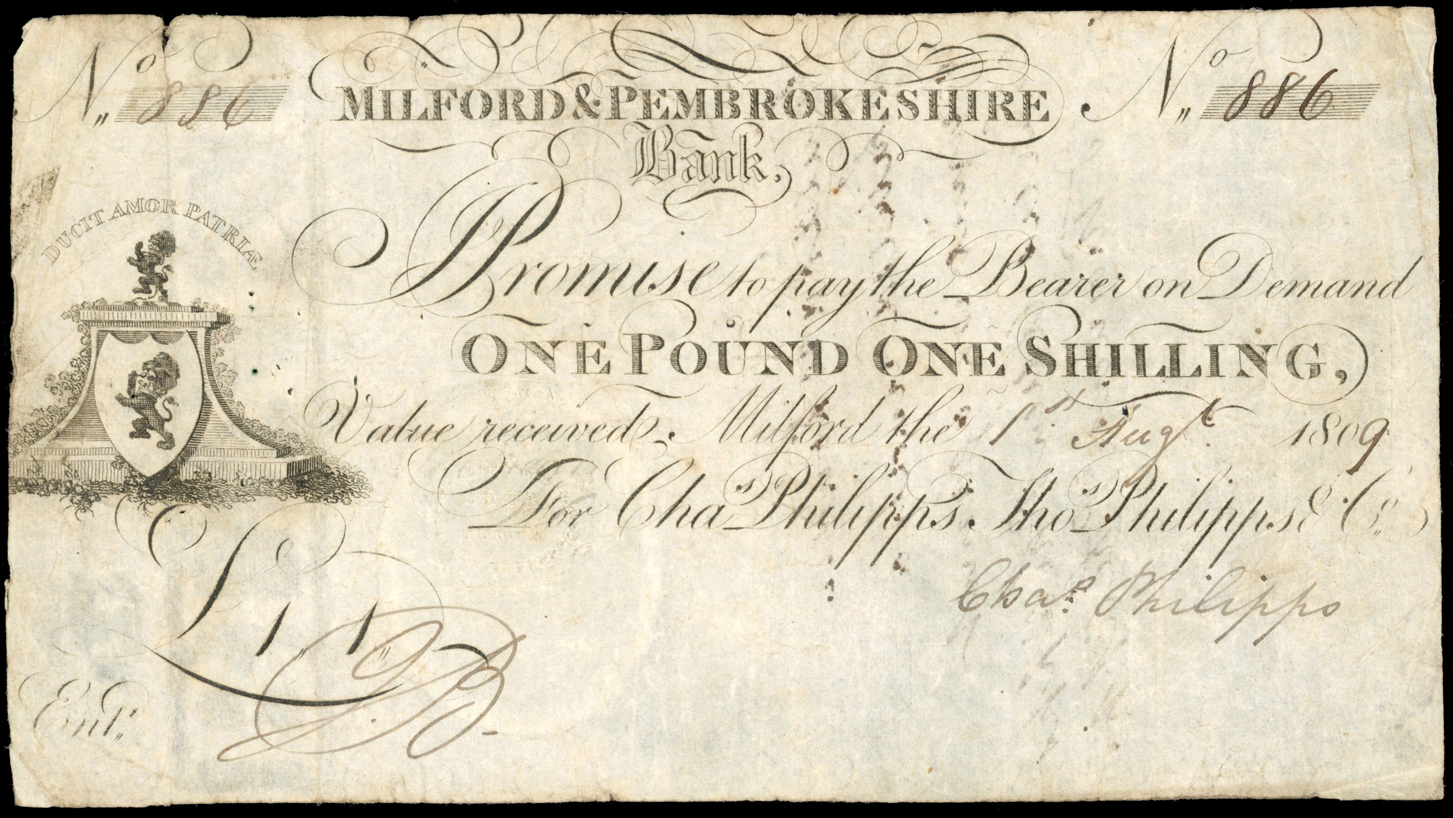 MILFORD, Milford & Pembrokeshire Bank, for Chas. Phillipps, Thos. Phillipps & Co., Guinea, 1 August 1809, seri…