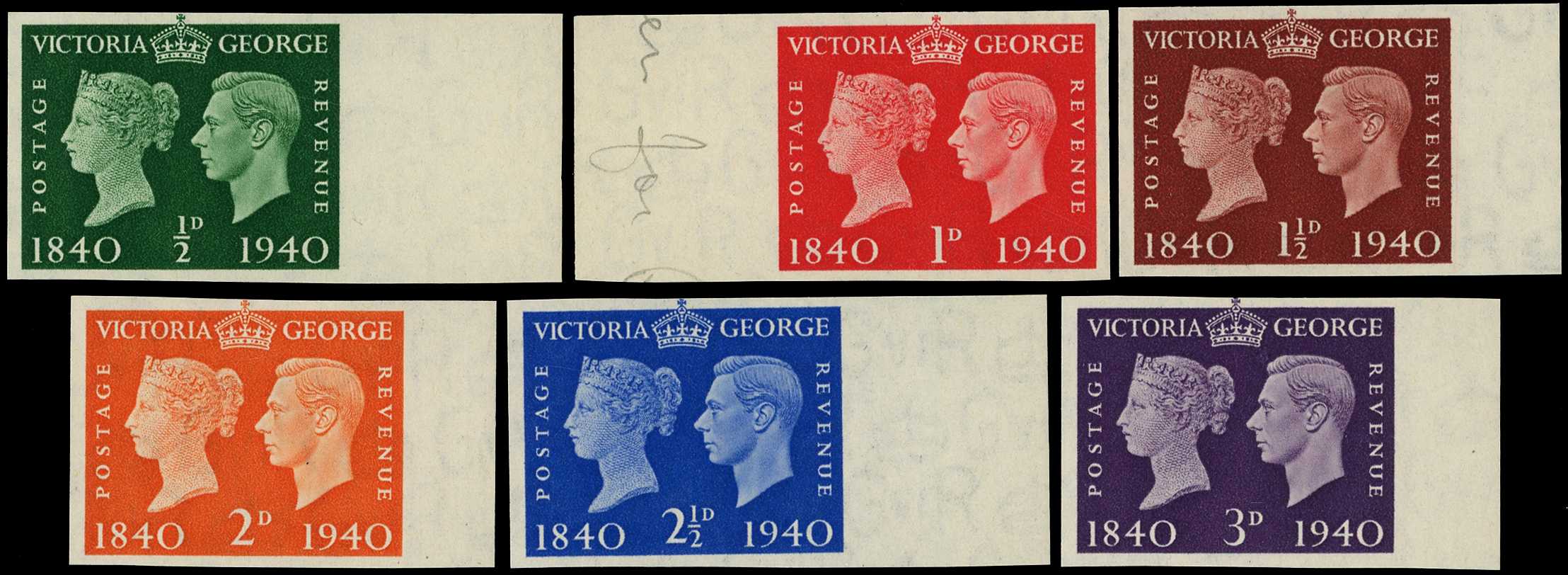 BPMA: 1940 ½d-3d Centenary of the first adhesive postage stamp. Superb unmounted o.g. set of six marginal imperforate...