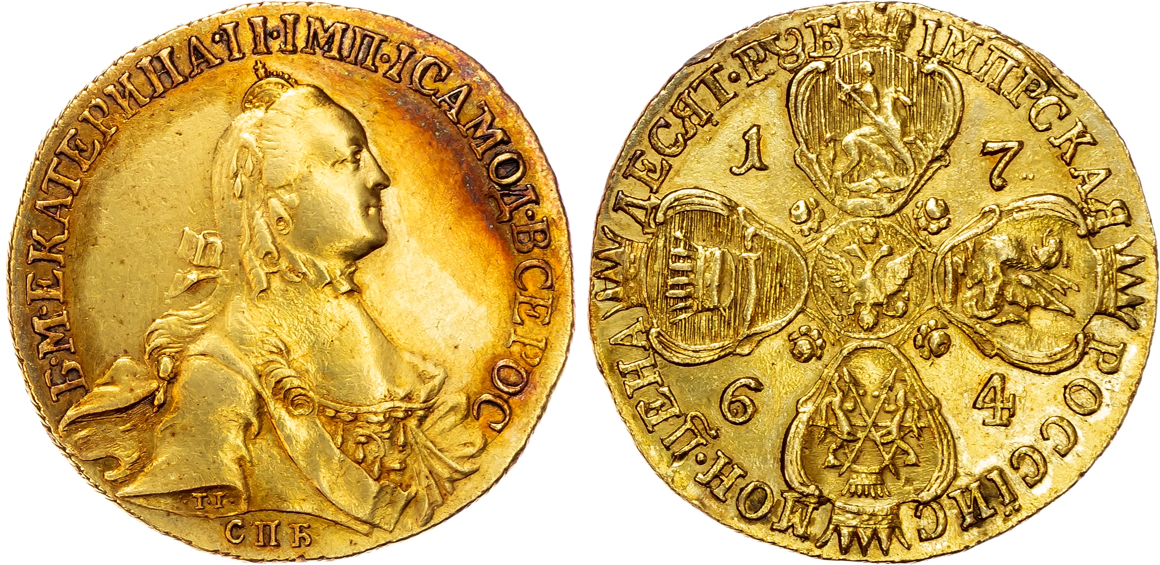 Russia , Catherine II the Great (1762-1796), gold 10 Roubles, 1764 СПБ, TI on sleeve, St. Petersburg, 12.98g (…