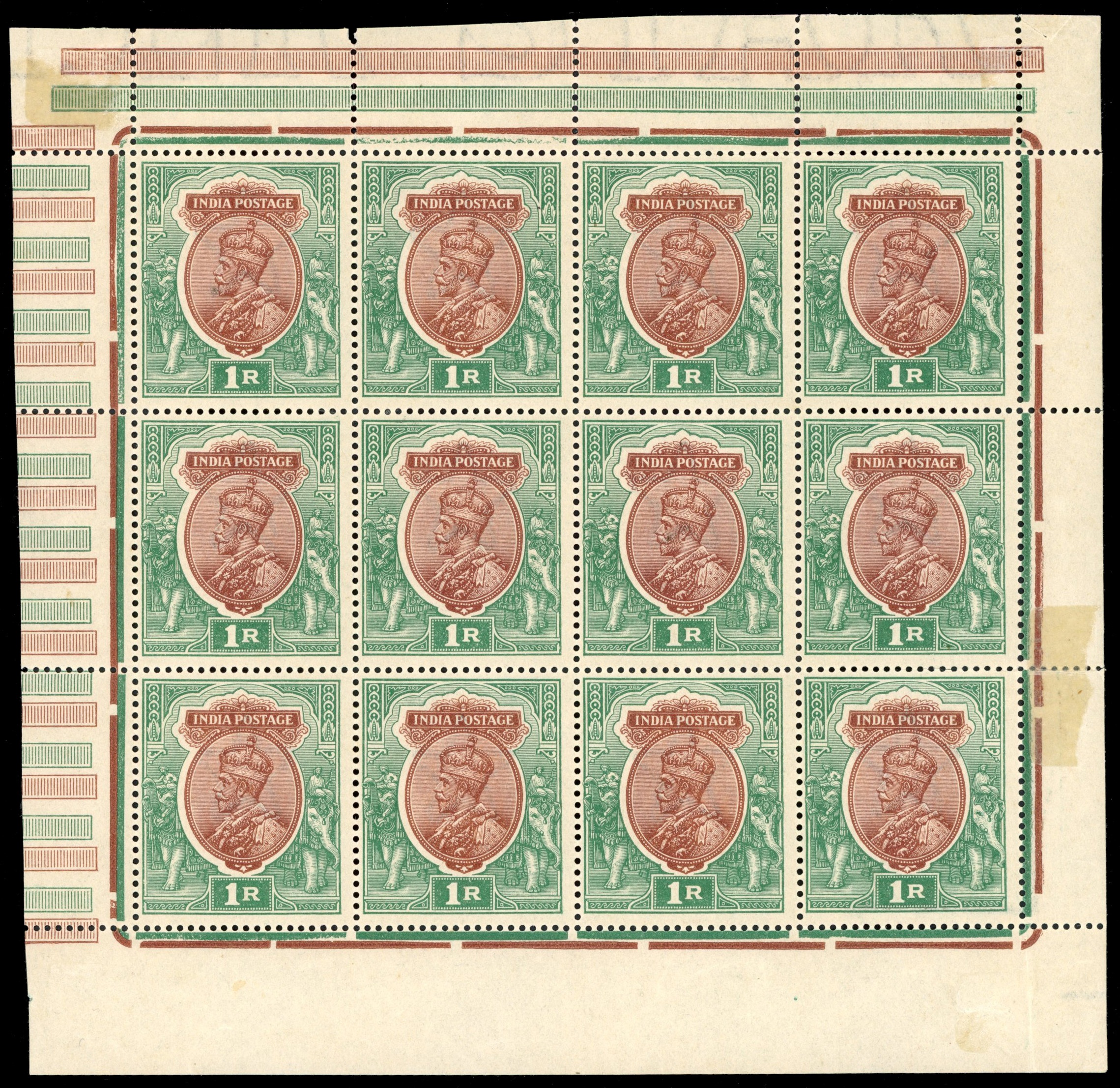 India 1911-22 DOUBLE OFFSET on SG185 1r red-brown and deep blue-green