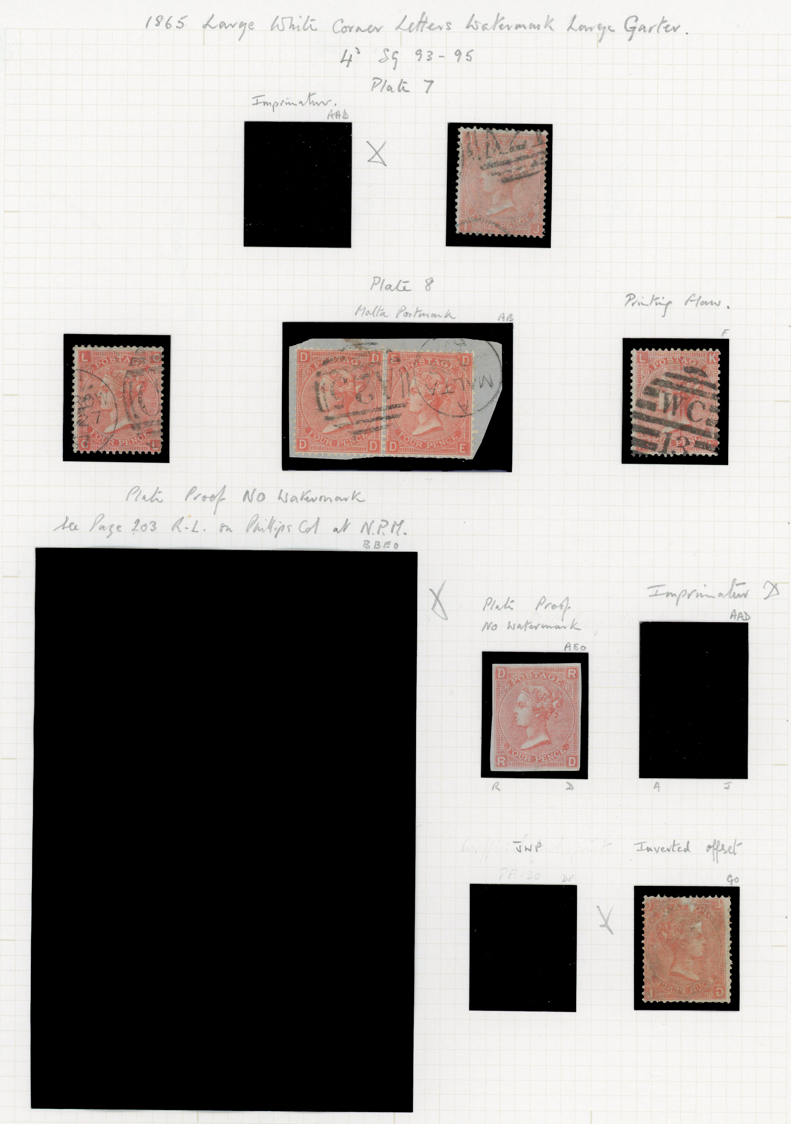 1865 4d Vermilion Pl.7-14 (SG93/94). A fine group of twenty two stamps and two covers