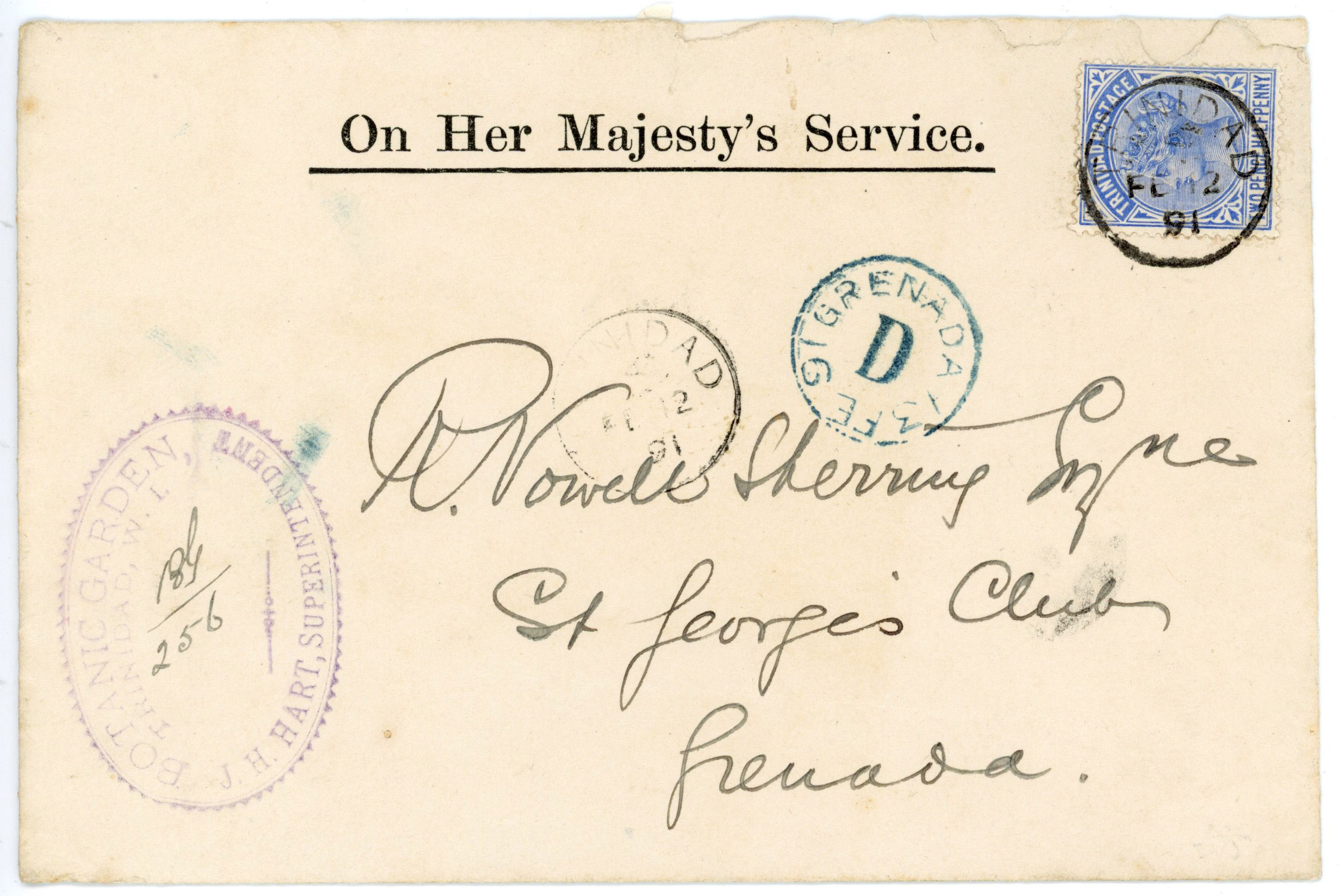 Trinidad 1891 OHMS envelope and 1899 sample envelope used