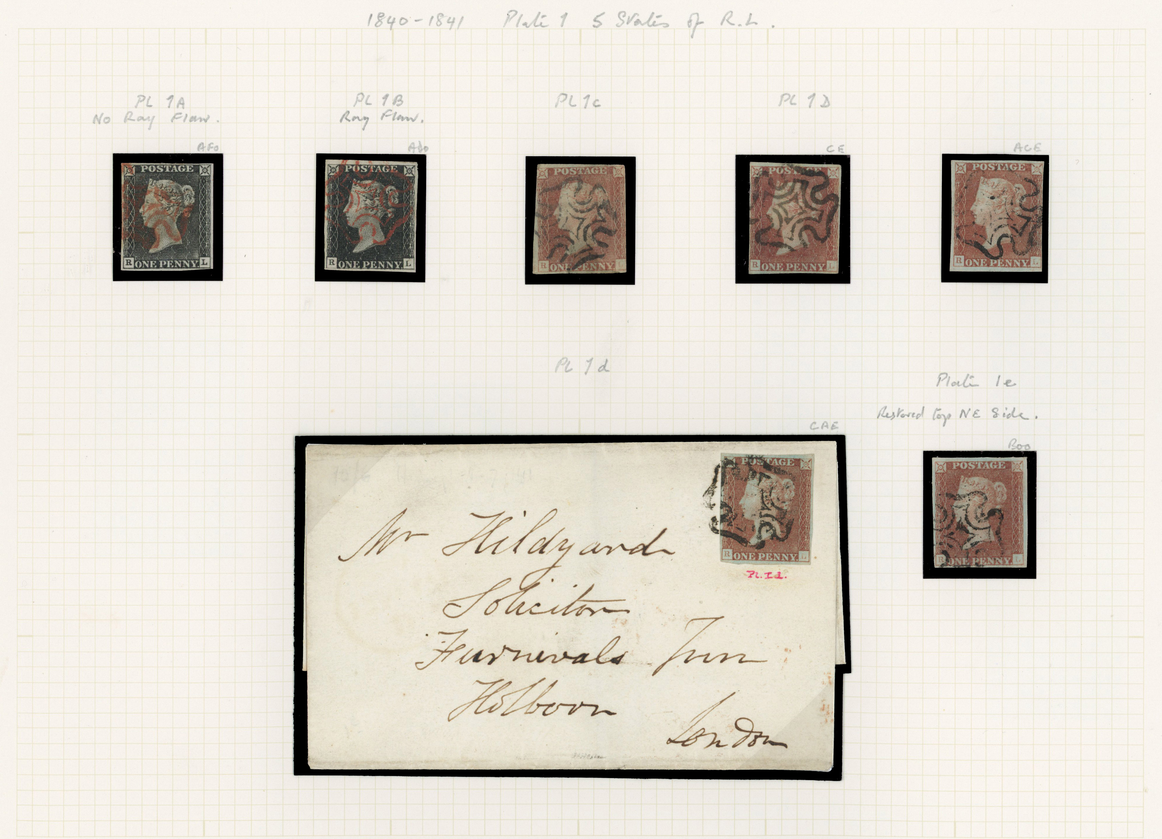1840 1d Black Pl.1a/1b & 1d Red-brown Pl.1b. (RL, State I, II, III, IV & V)