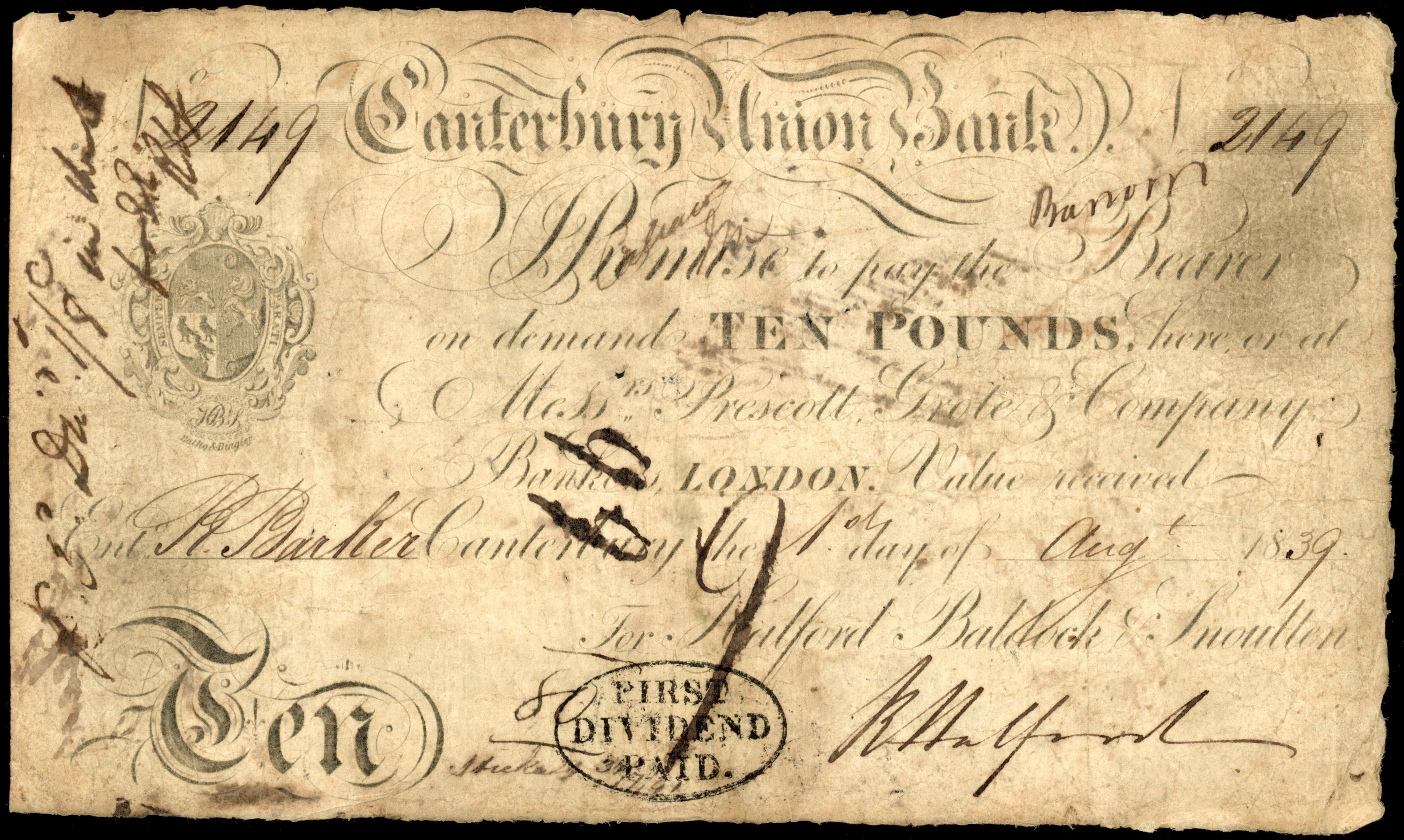 CANTERBURY, Canterbury Union Bank, for Halford, Baldock and Snoulten, £10.,4 August 1839, serial number 2149, …