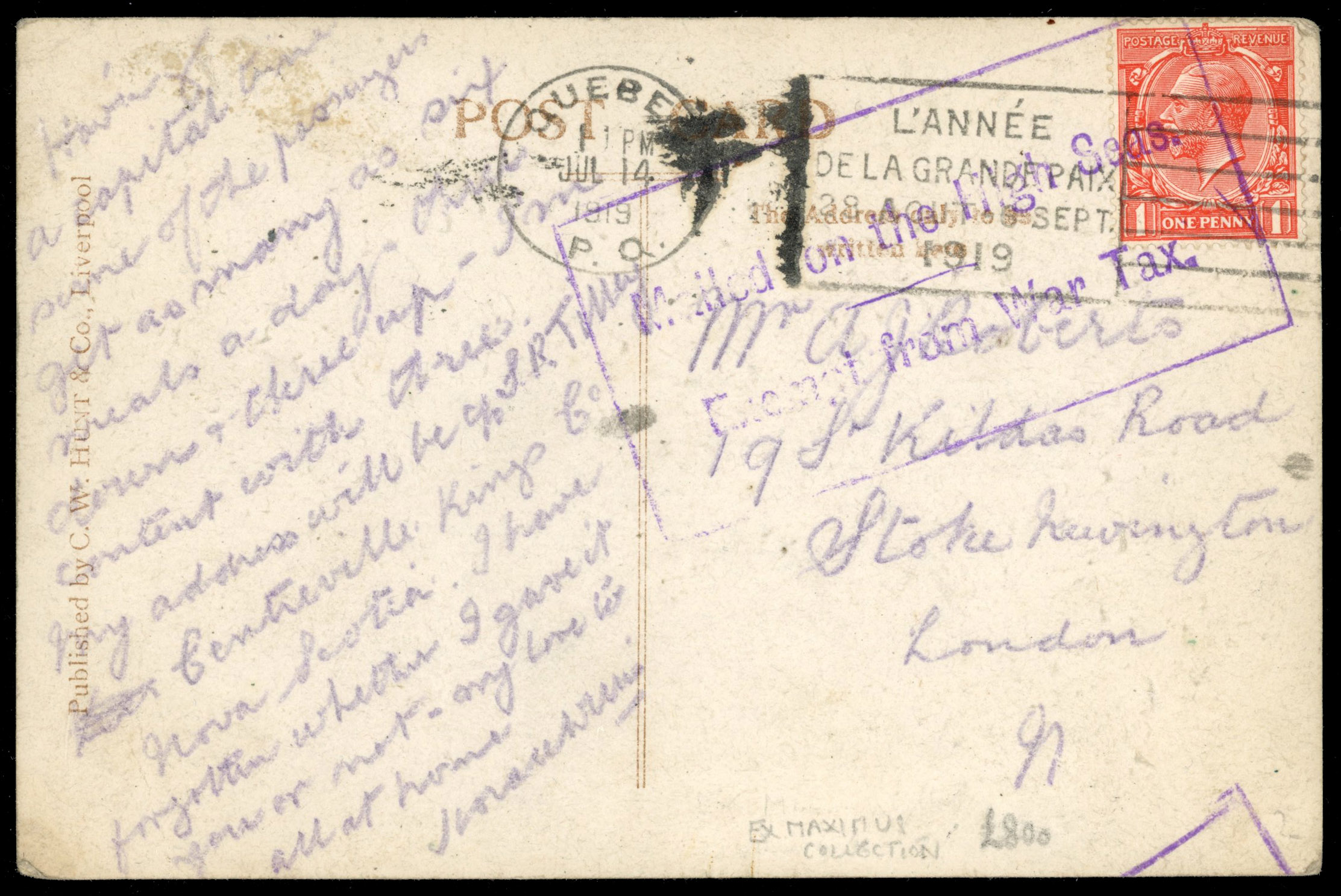 War Tax 1919 'Mailed on the High Seas/ Exempt from War Tax' card from Canada