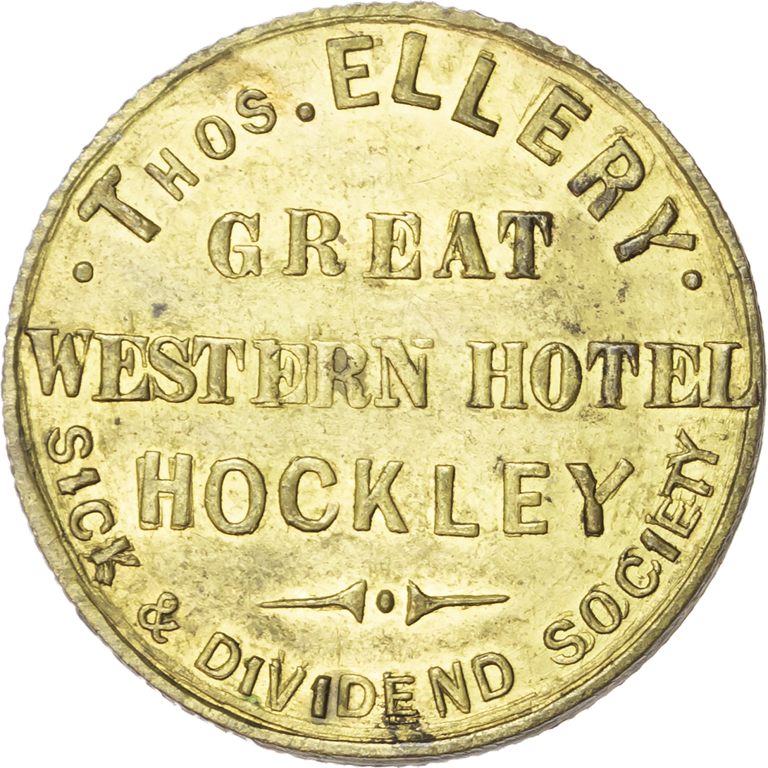 Lot of 5 coins - West Mids. Birmingham Hockley, Great Western Hotel, 3d., 27mm., Thos Ellery, S&D Soc. EF; Hockley,...