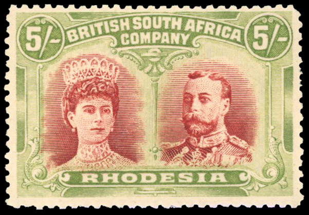 Rhodesia 1910-13 5s brownish deep rose-red and dull yellow-green perf 14