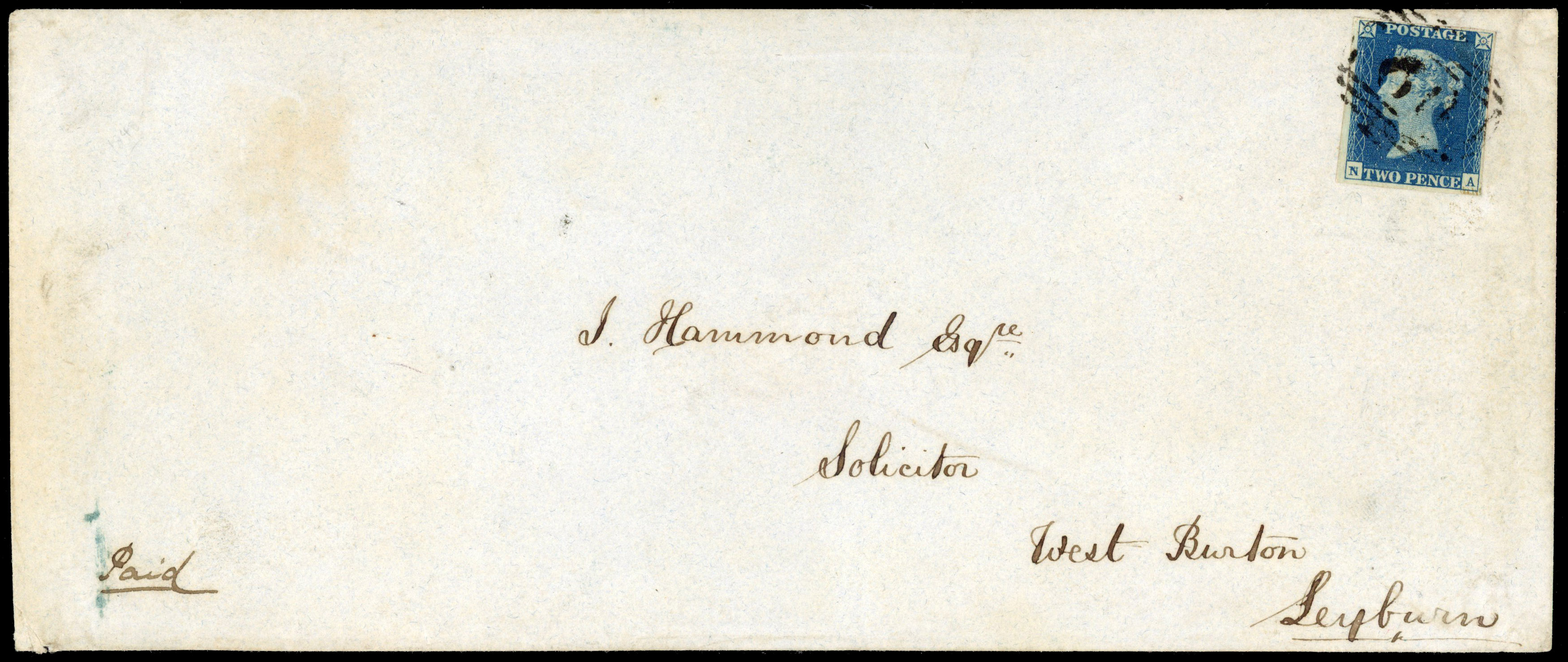 GB 1848 2d blue on cover, 1844 type postmark