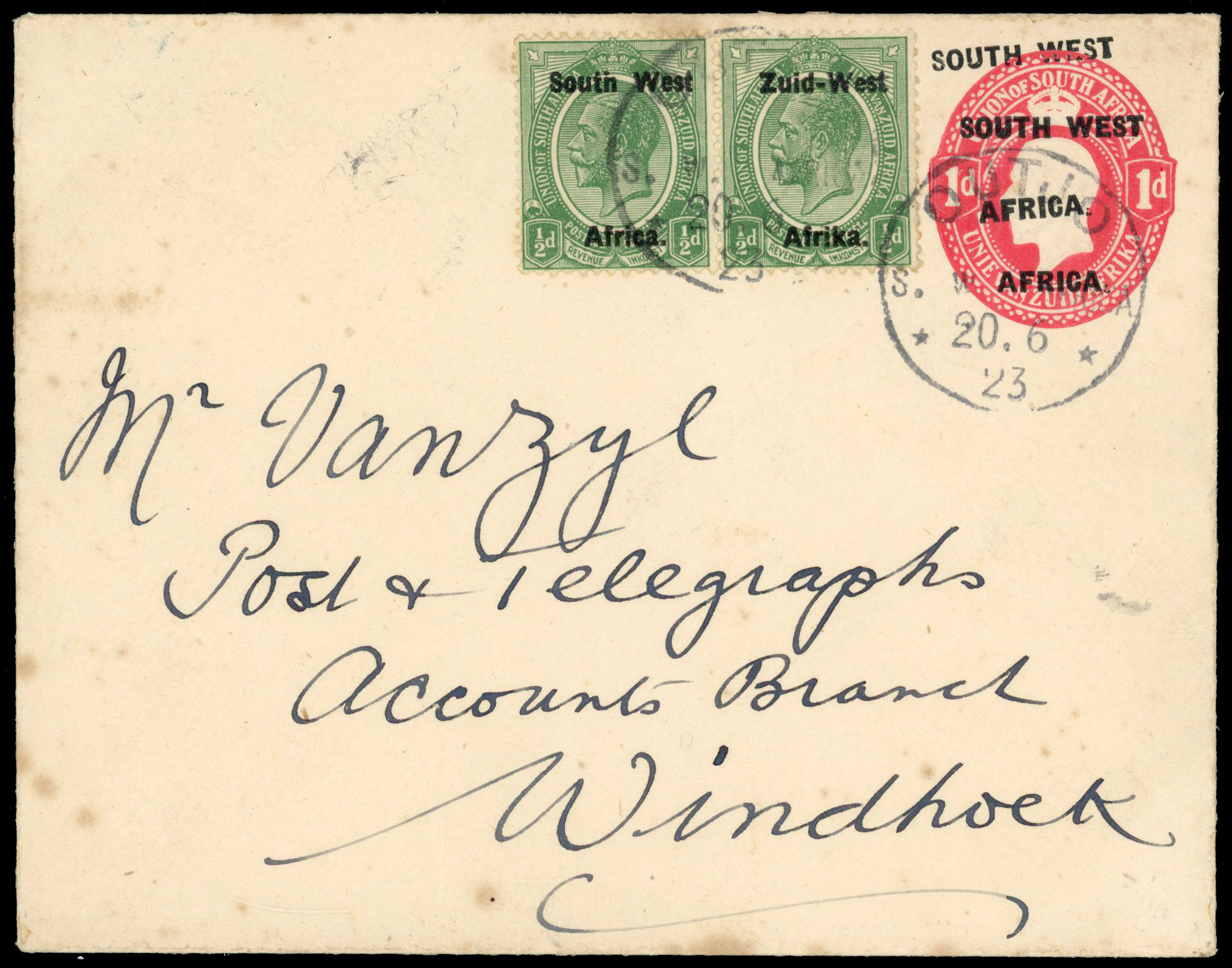 South West Africa 1923 1d red p/s envelope