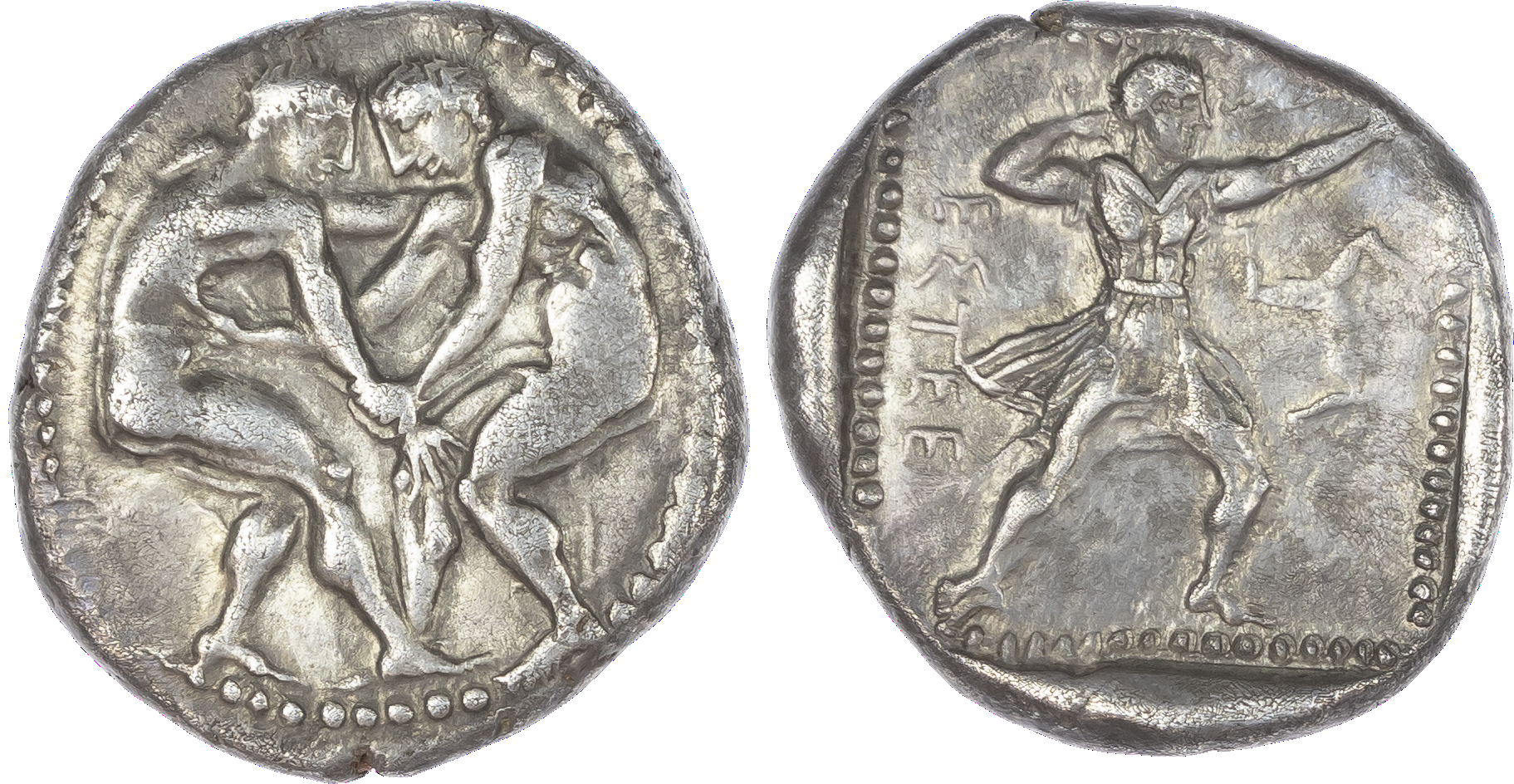 Pamphylia, Aspendos (c. 420-370 BC) AR Stater, 10.84g. Two wrestlers grappling. Rev. EΣTEE, slinger to right, in throwing