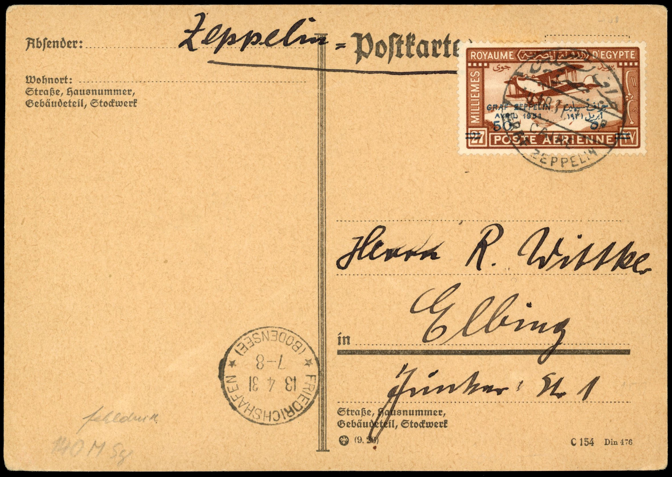 Egypt 1931 Air Graf Zeppelin 50m. on 27m showing error '1951' for '1931' in overprint, SG 185a