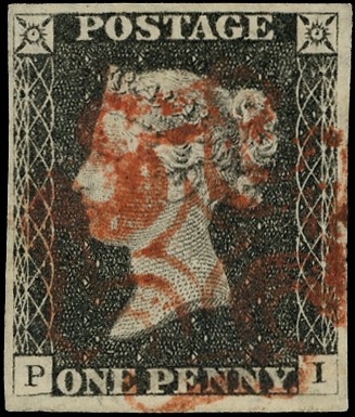 1840 1d black plate 2 (PI), four margins, cancelled with red MC, fine...