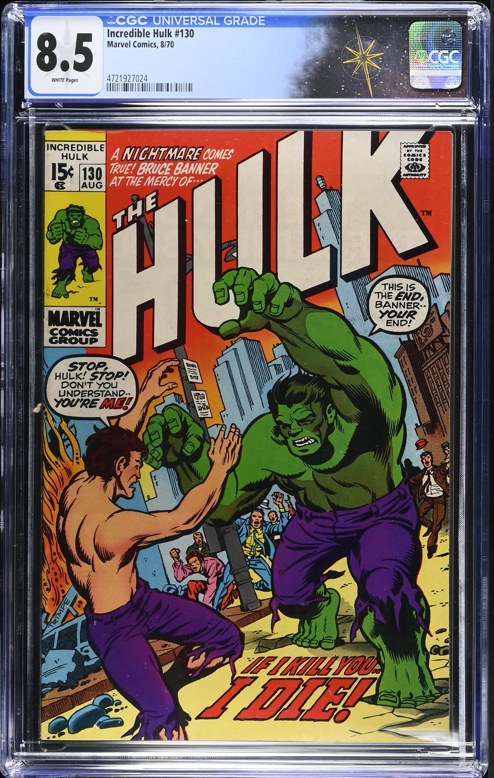 Incredible Hulk #130 CGC 8.5 “If I Kill You, I Die!” Herb Trimpe Cover Roy Thomas Story (Marvel Comics, 1970) White Pages