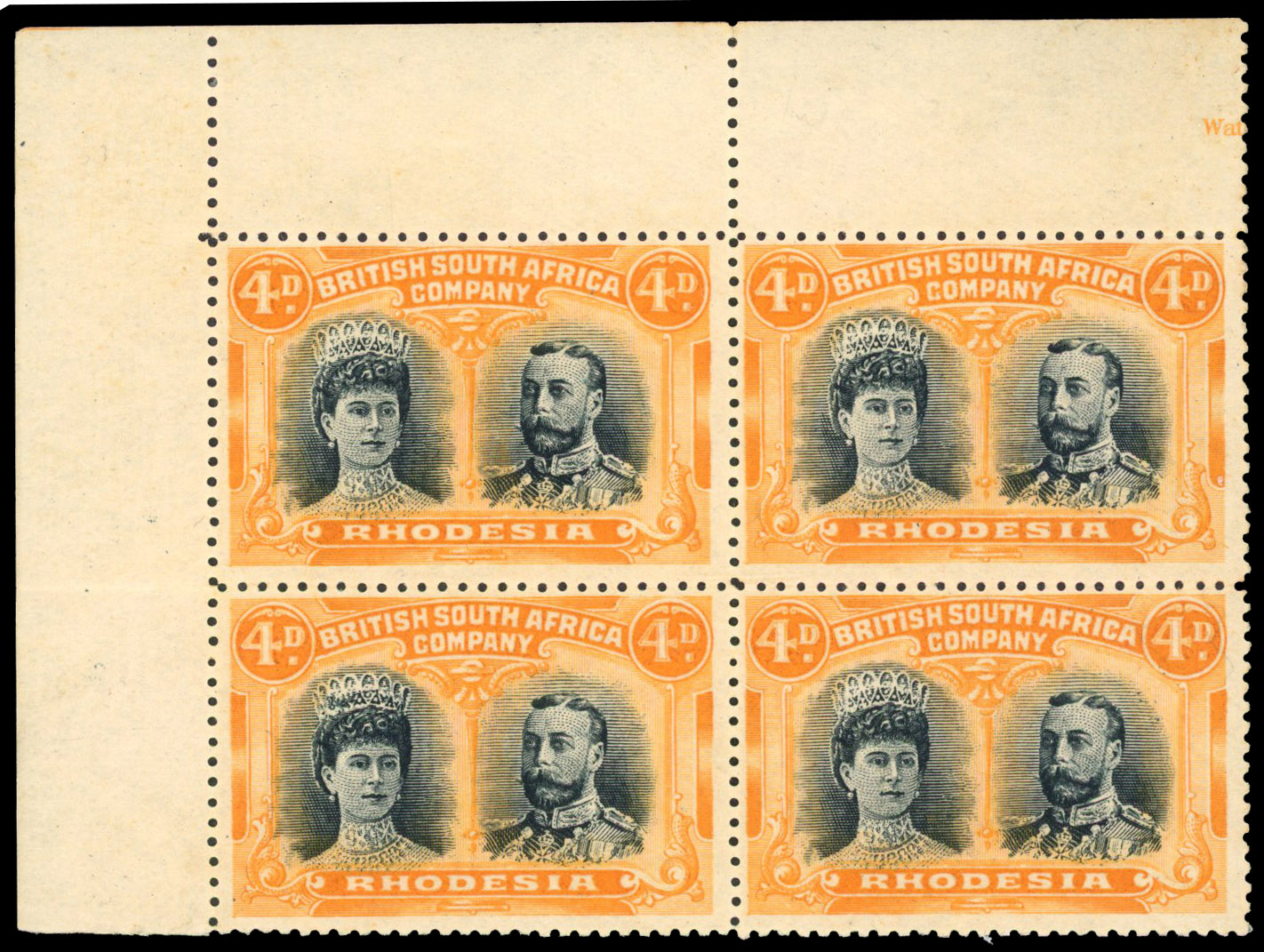 RSC E 4d blue-black and yellow-orange block, #6 tiara flaw mint