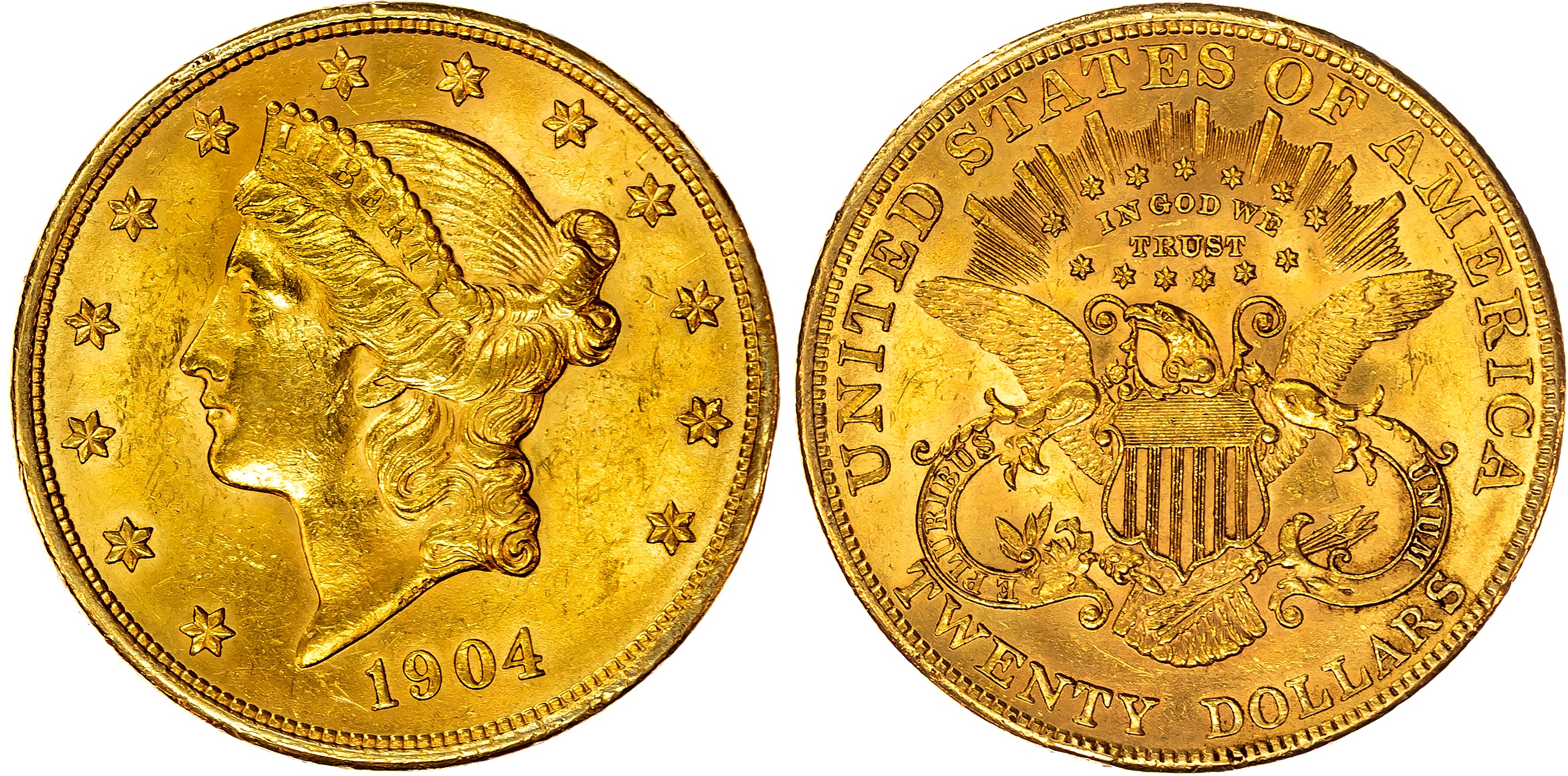 USA , Liberty Head Double Eagle, gold 20 Dollars, 1904, Philadelphia, 33.49g (Fr. 177). Uncirculated.…