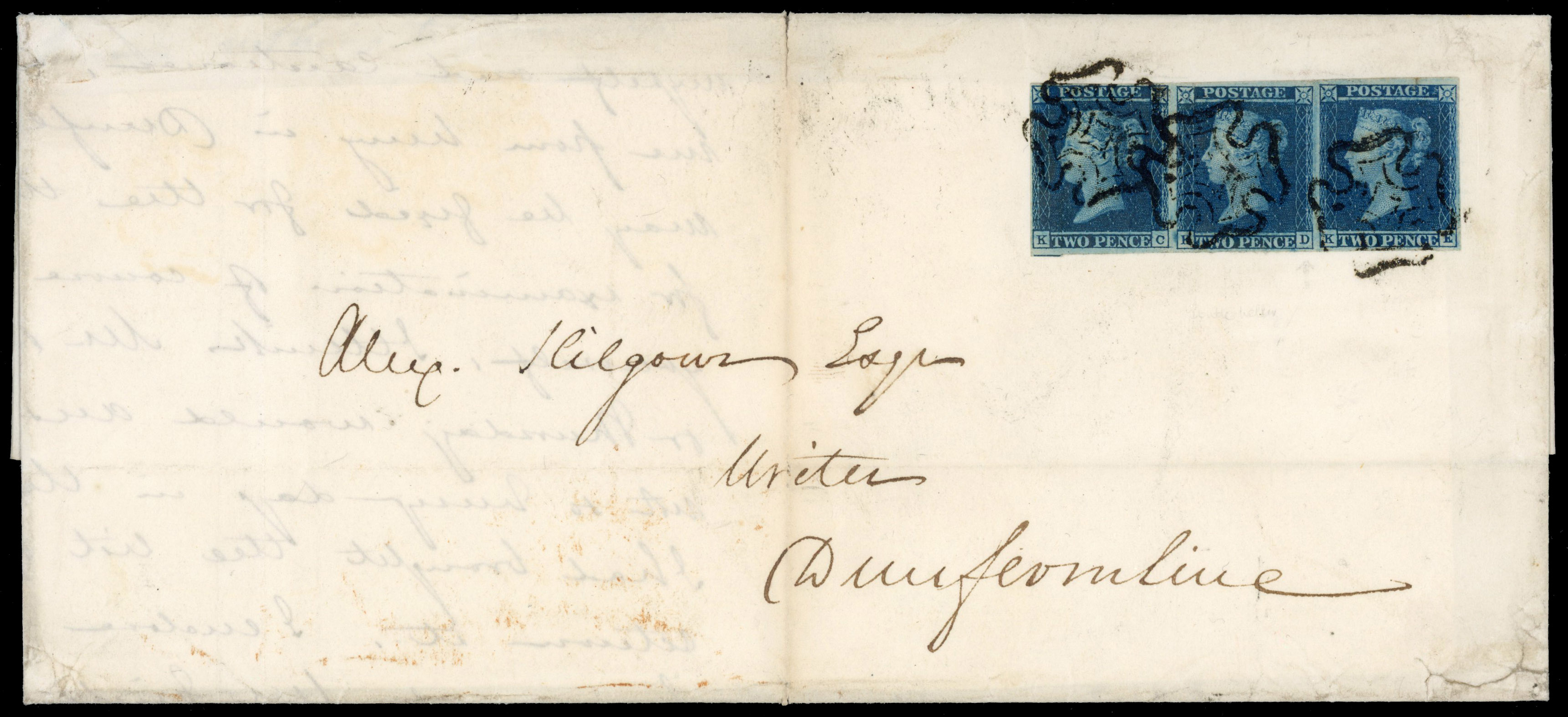 GB 1841 2d deep blue, plate 3 strip of 3 on cover tied by Glasgow black Maltese Crosses