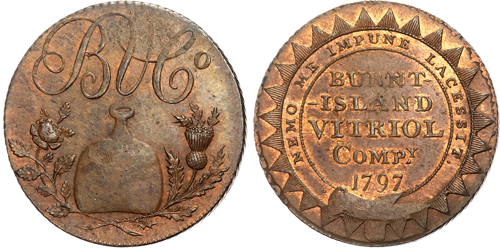 Fife . Burntisland Vitriol Company Halfpenny 1797. A carboy between a rose and a thistle; BVCo cypher above, rev. BURNT  …