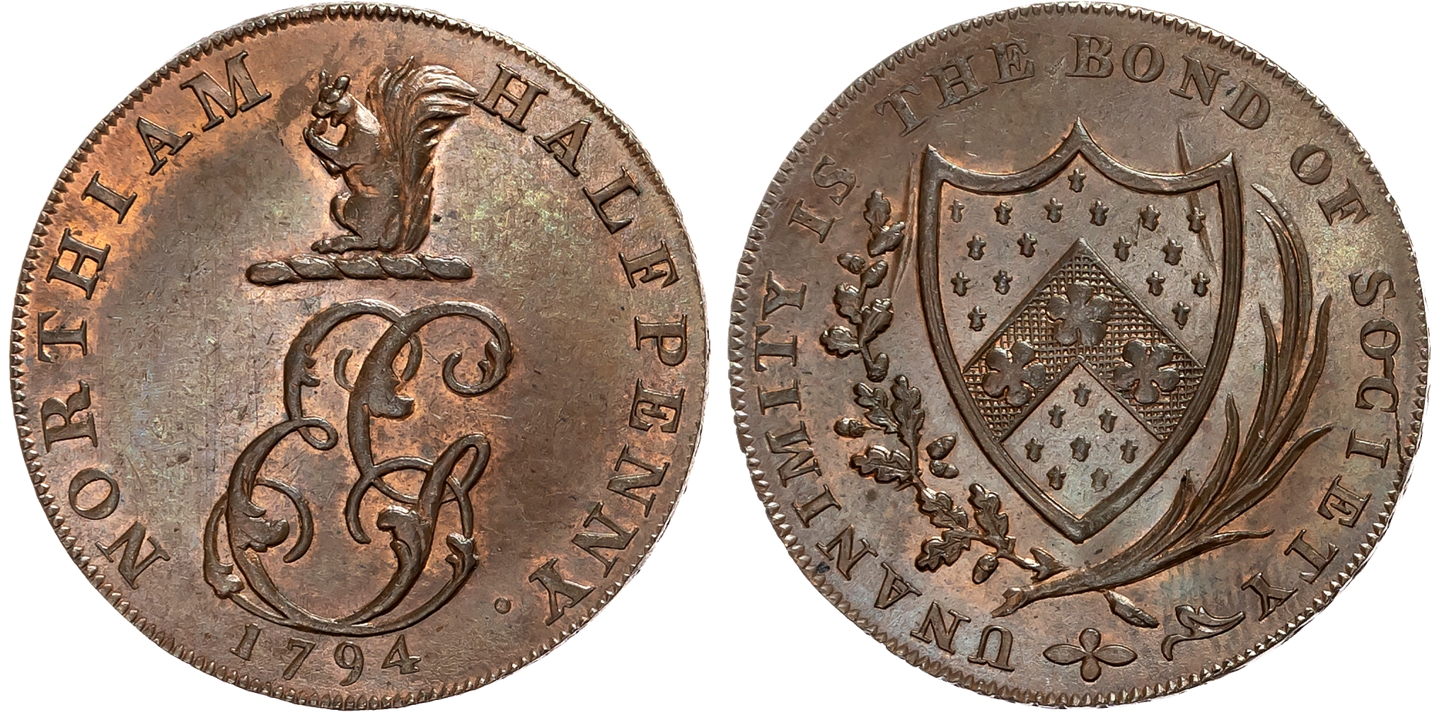 Suss.  Northiam , Elias Gilbert, (gentleman farmer, grocer and blacksmith) Halfpenny 1794, Squirrel crest over EG cypher …
