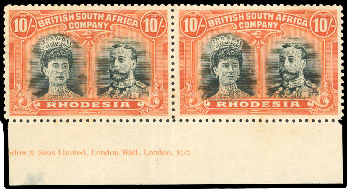 Rhodesia 1910-13 10s deep myrtle and orange imprint pair