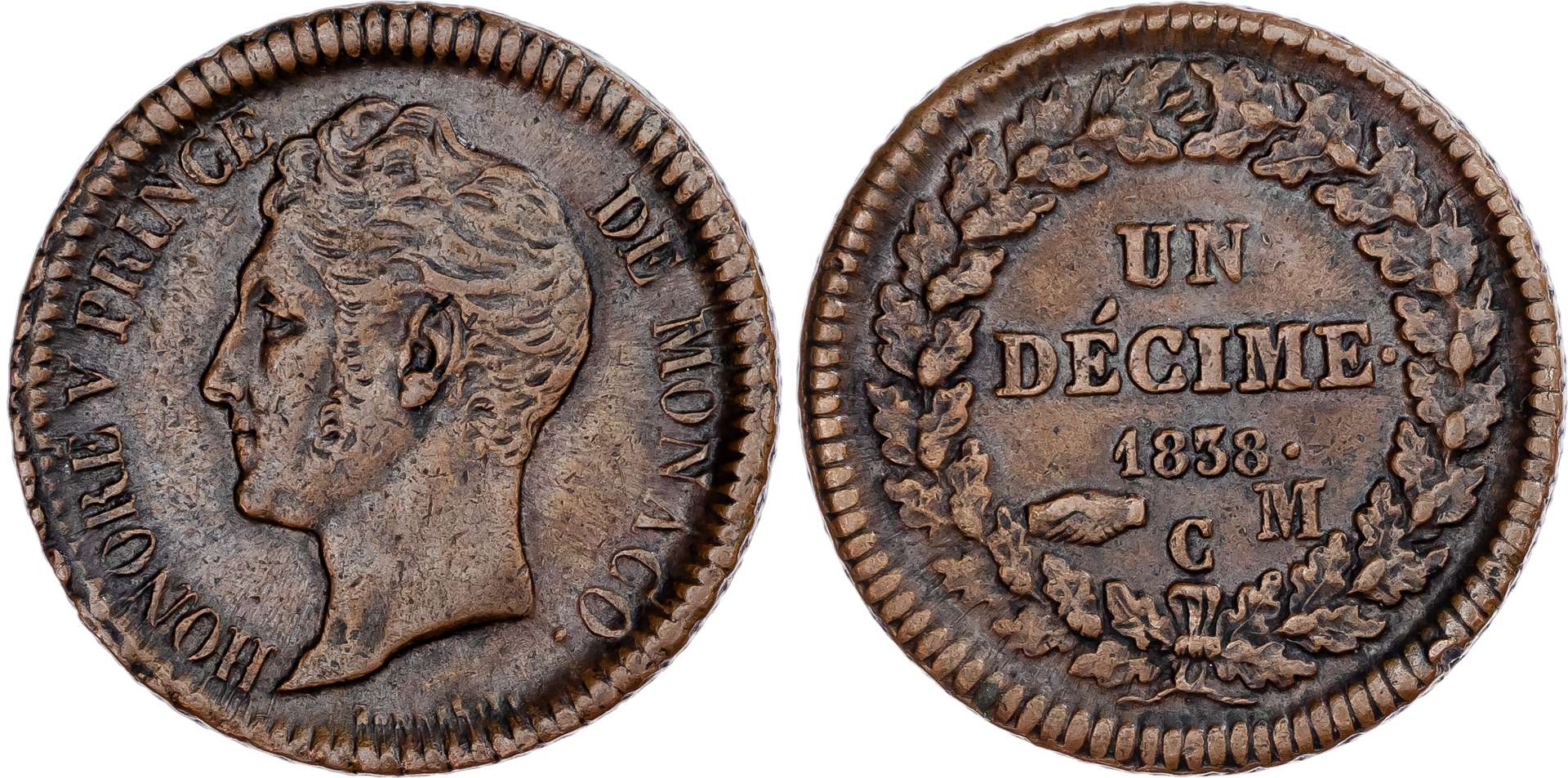 Monaco. Honore V CU Decime. 1838 CM.