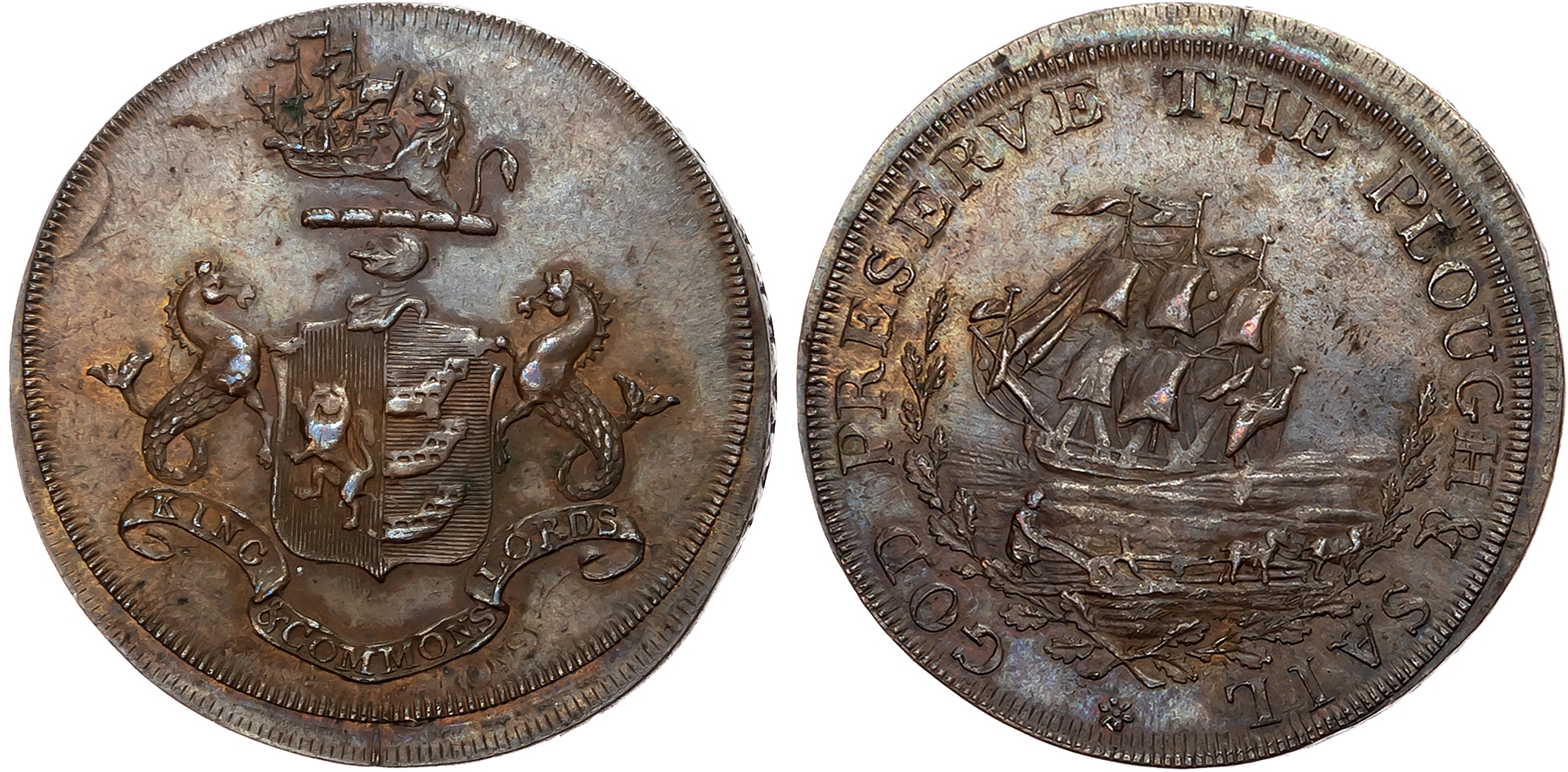 Suff. Ipswich, Robert Mannings Halfpenny undated, Arms of the city, rev. Sailing ship and man ploughing, edge PAYABLE A …