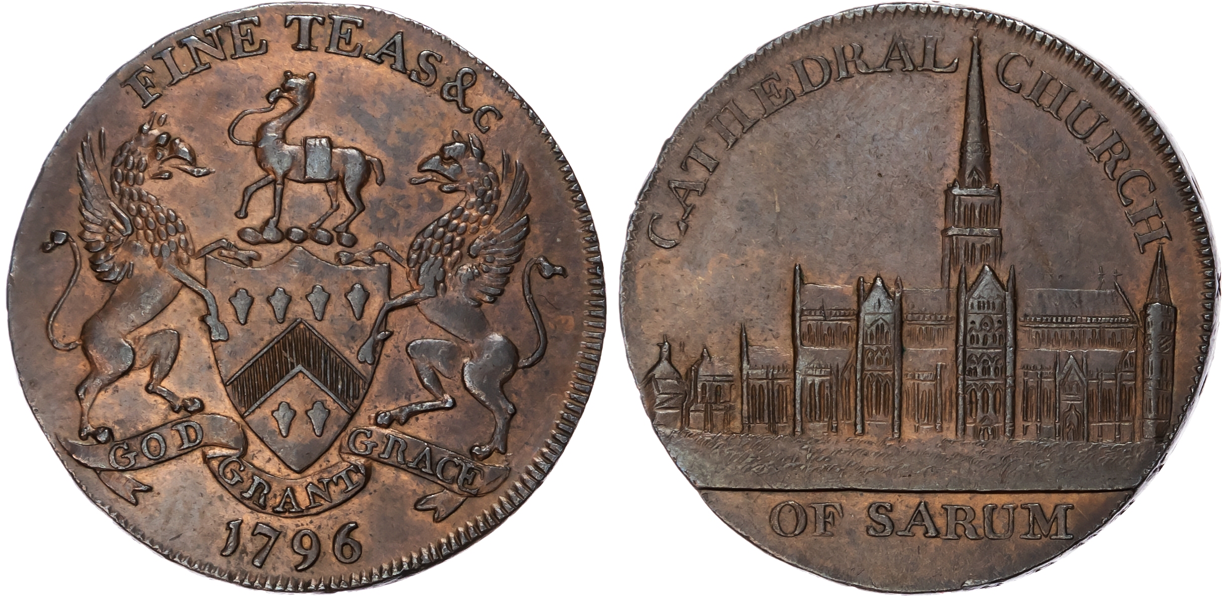Wilts. Salisbury , John & Thomas Sharpe (tea dealers and grocers) Halfpenny 1796, View of Salisbury Cathedral,…