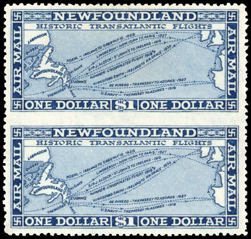 Newfoundland 1931 Air $1 with watermark vertical pair imperforate between