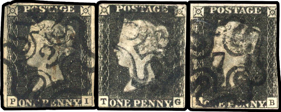 1840 1d Black. Fine used group of three London numbers in MC