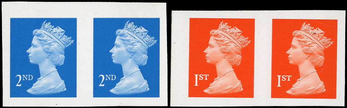 2000 (2nd) bright blue and (1st) bright orange horizontal imperforate pairs (4mm gap) fine unmounted o.g. plus a few QV to...