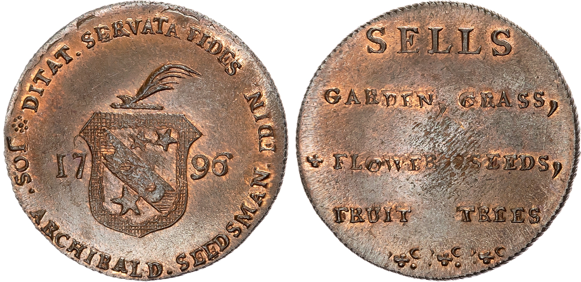 Loth . Edinburgh, Joseph Archibald (seedsman) Halfpenny 1796, Archibald arms and crest, rev . four-line legend, edge dia …