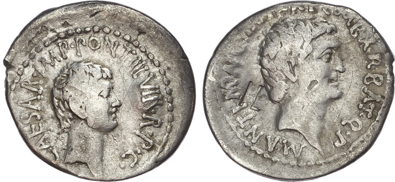 Mark Antony and Octavian (41 BC) AR Denarius,