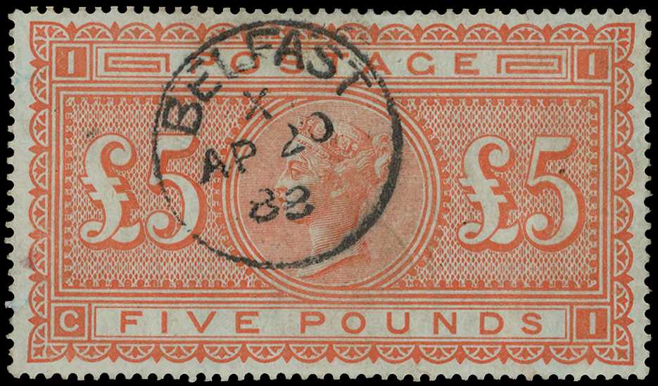 1867-83 Wmk large Anchor £5 orange (CI) on...