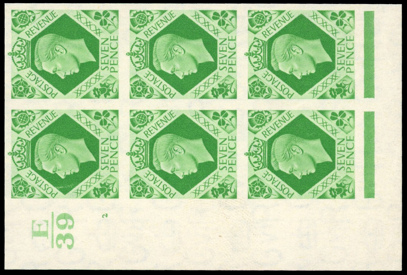Great Britain 1937-47 7d Emerald-green, Control Block of Six, BPMA Imprimatur, SG 471