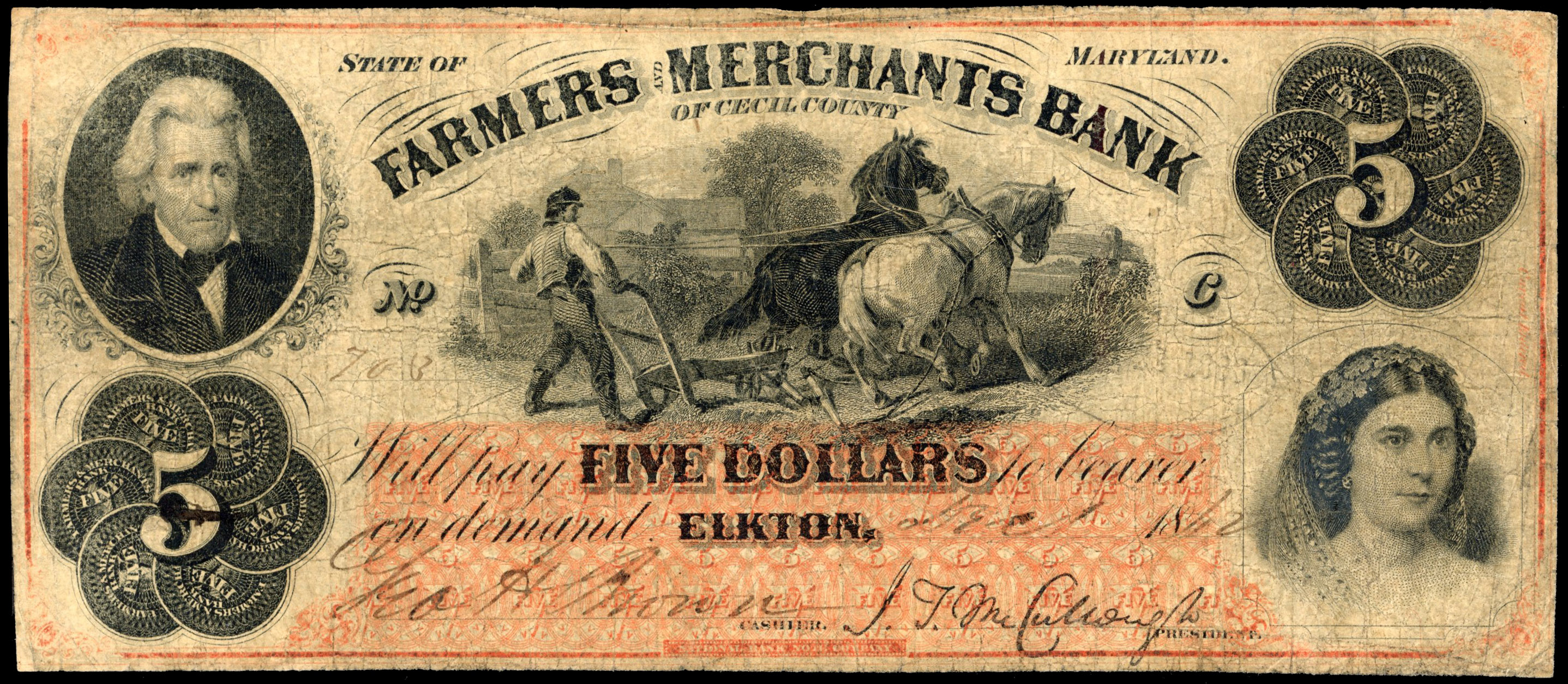 USA, MD. Elkton, Farmers and Merchants Bank, Uniface Five Dollars, 1 Dec. 1862. Fine and complete.…