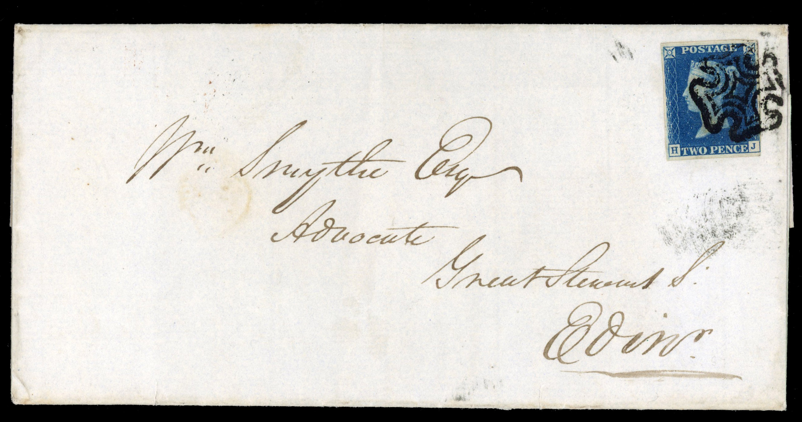 GB 1840 2d blue, Plate 2 on entire with distinctive Perth MC