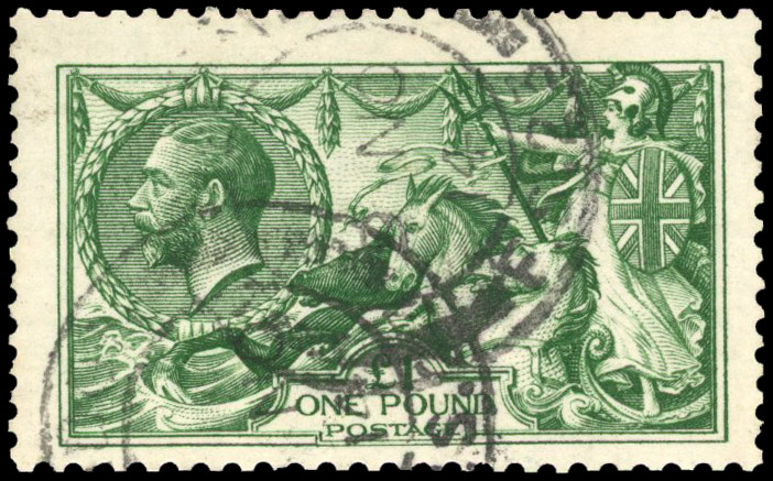 1913 £1 green, cancelled by two d/r cds's, centred to bottom, otherwise good used SG 403