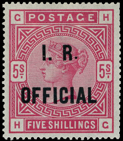 GB: 1890 5s rose on white paper, overprinted “I.R. OFFICIAL” with variety, raised stop after 'R’, RPS certificate (2016),
