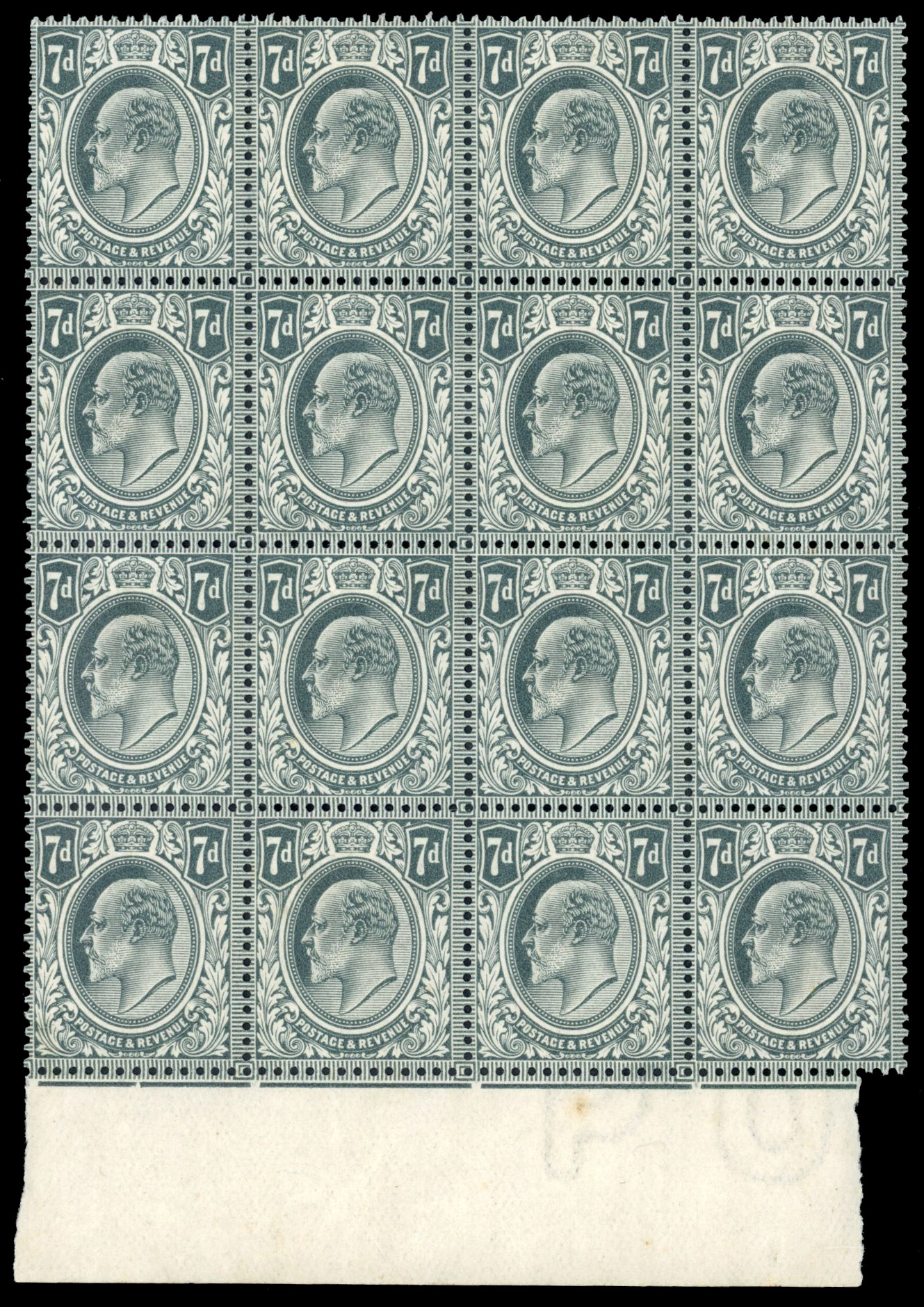 GB SG 249 1910 7d grey-black block with 'raised crown' watermark variety, mint