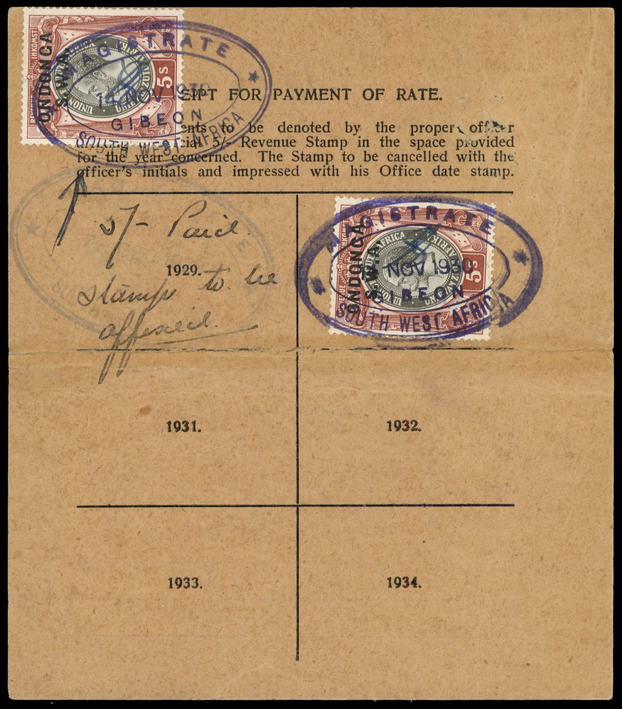 South West Africa. Tribal Taxes; Ondonga. Registration card with payment for 1929 and 1930 