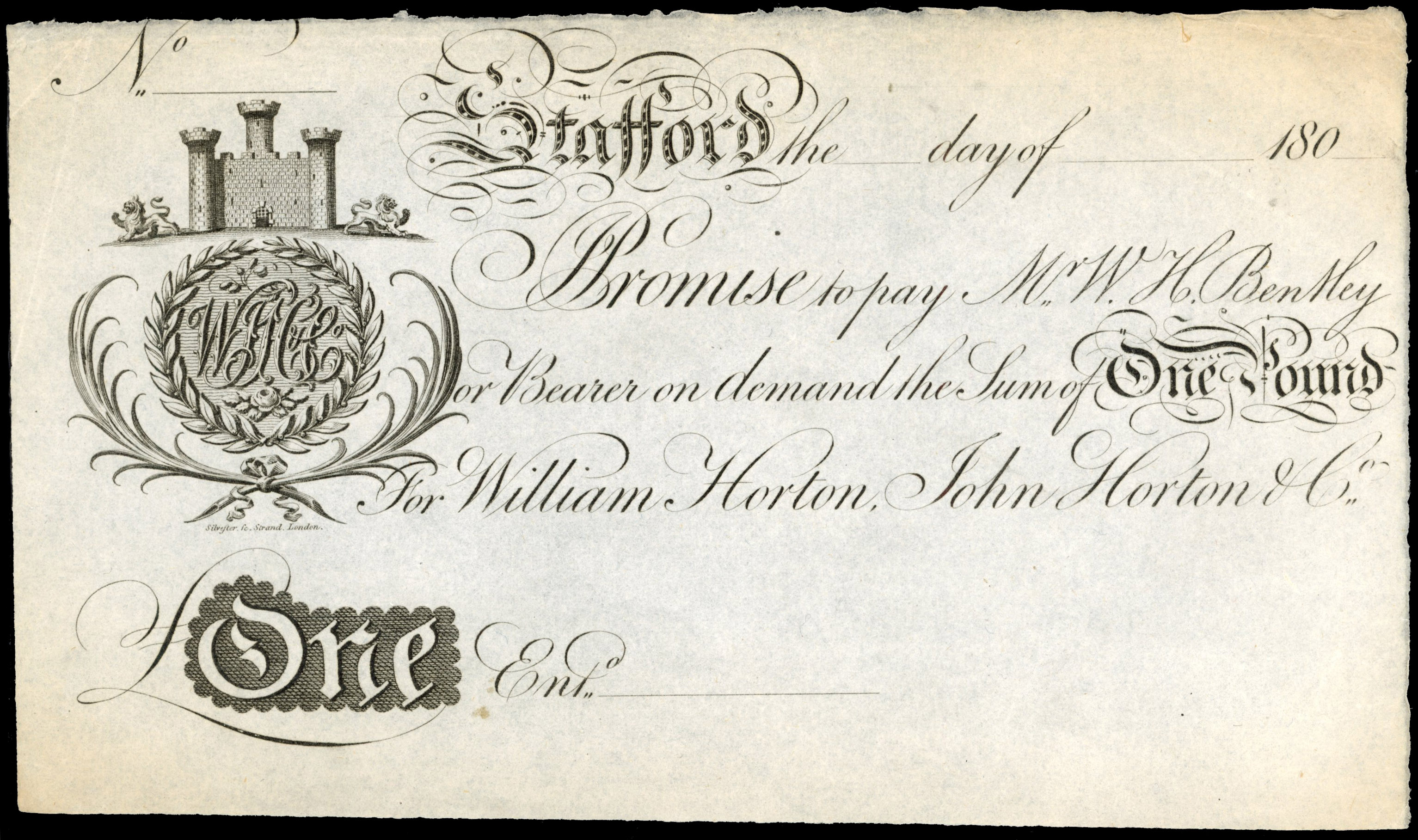 STAFFORD, No trading name, for William Horton, John Horton & Co. Unissued £1.,180-, undated, unsigned, to Mr. …