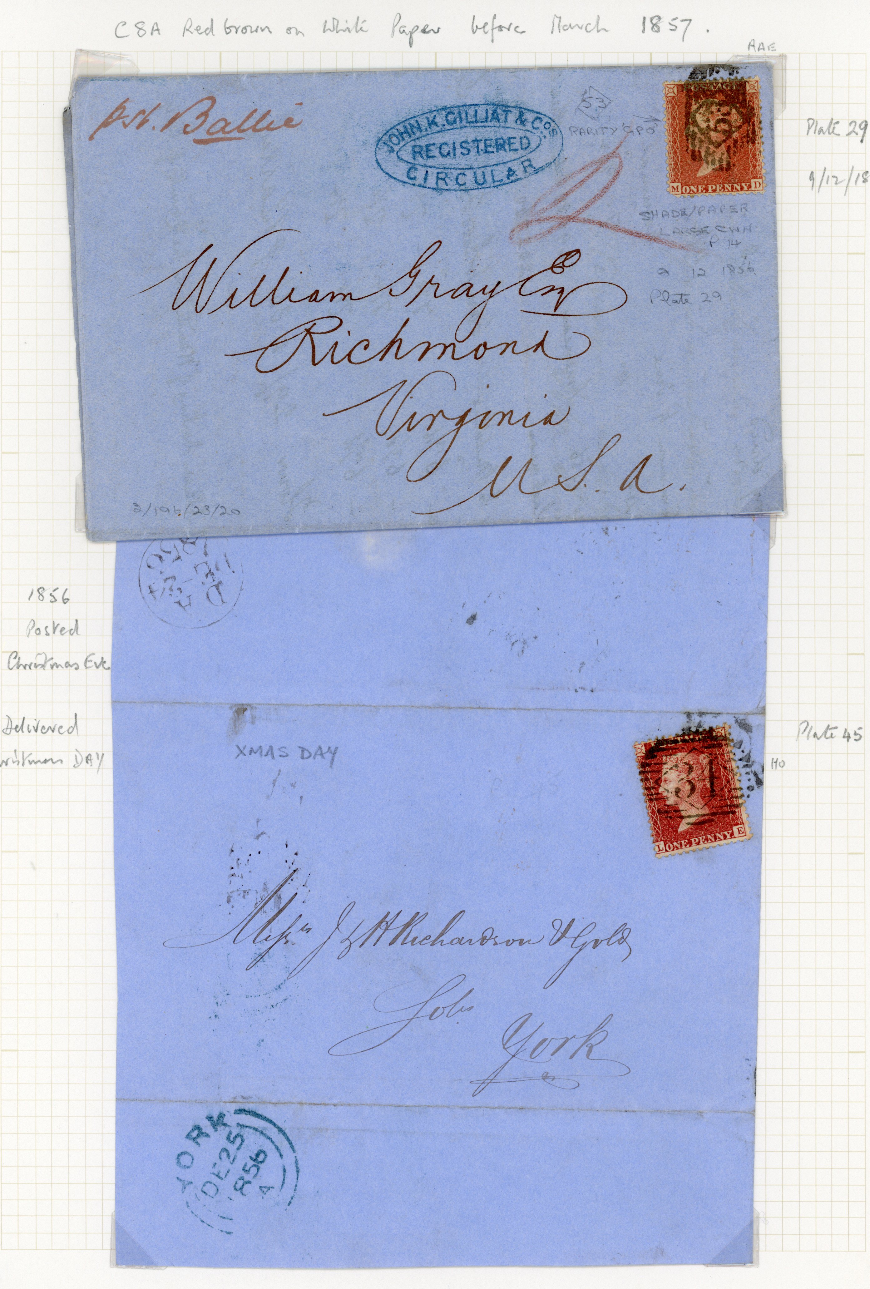 1856 1d Red brown (Die II, White to Cream tinted paper pre March 1857).Two covers