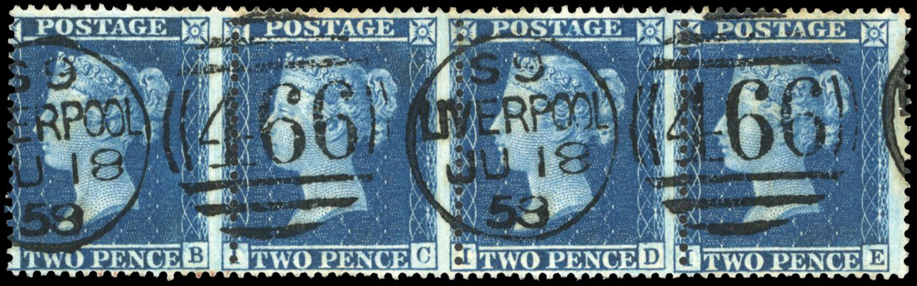 GB 1858 2d deep blue Plate 6 strip used